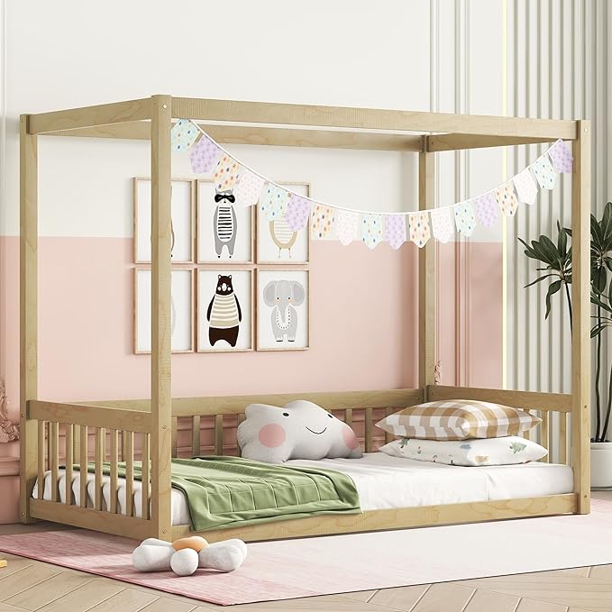 Twin Size Canopy Bed Frame with Guardrails for Kids,Floor Bed Twin with Four Poster Design,Kids Montessori Floor Bed,Wood Canopy Bed Frame for Girls,Boys(Twin,Natural) - LeafyLoom