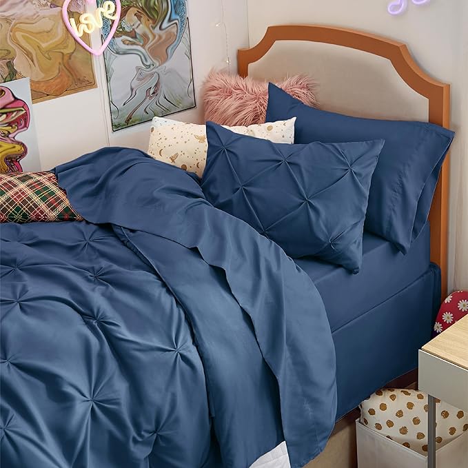 Bedsure Twin Comforter Set with Sheets - 5 Pieces Twin Bedding Sets, Pinch Pleat Navy Blue Twin Bed in a Bag with Comforter, Sheets, Pillowcase & Sham - LeafyLoom