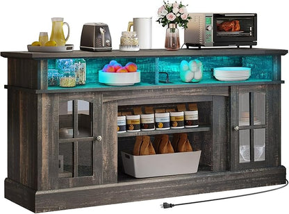 YITAHOME Coffee Bar Cabinet, 58 Inch Farmhouse Buffet Cabinet with Power Outlets and LED Lights, Sideboard Storage Cabinets w/Adjustable Shelves & Glass Doors for Kitchen, Living Room, Dark Rustic Oak - LeafyLoom