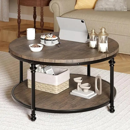 GAOMON Round Coffee Table Living Room 34.25in Rustic Circle Center Table with Storage Shelf 2-Tier Modern Wood Coffee Table Metal Frame, Easy Assembly(Light Walnut) - LeafyLoom