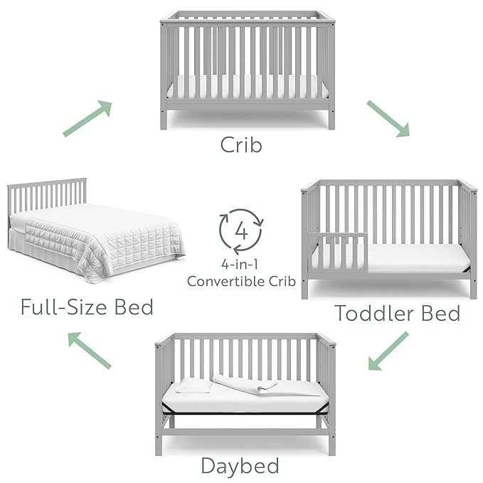 Storkcraft Hillcrest 4-in-1 Convertible Crib (Pebble Gray) - Converts to Daybed, Toddler Bed, and Full-Size Bed, Fits Standard Full-Size Crib Mattress, Adjustable Mattress Support Base - LeafyLoom