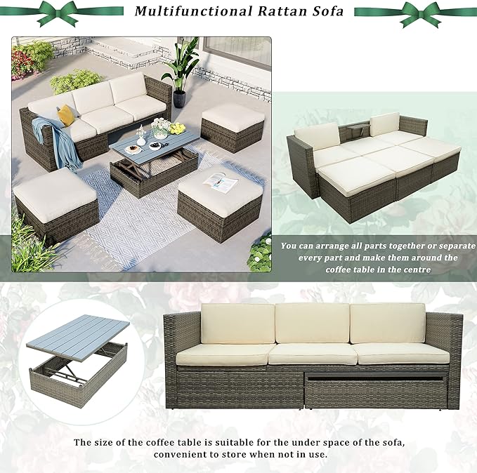 5 Pieces Patio Furniture Sets All Weather Wicker Rattan Sectional Sofa Outdoor Conversation with Adustable Backrest, Cushions, Ottomans and Lift Top Coffee Table for Poolside, Garden, Backyard - LeafyLoom