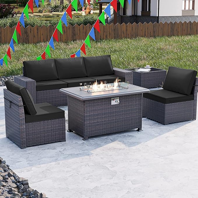 Kullavik 7 Pieces Outdoor Patio Furniture Set with 43" 55000BTU Gas Propane Fire Pit Table PE Wicker Rattan Sectional Sofa Patio Conversation Sets - LeafyLoom