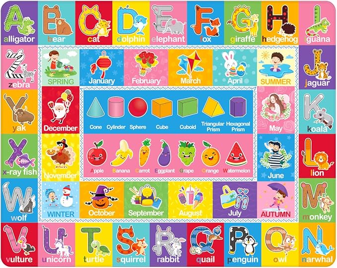 IMIKEYA Play Rugs Playroom Mat with Colorful Pattern, Playtime Collection ABC Alphabet, Seasons, Months, Fruit and Shapes Playmat Educational Rug for Kids Playroom Bedroom, 55 x 43.3 Inch - LeafyLoom