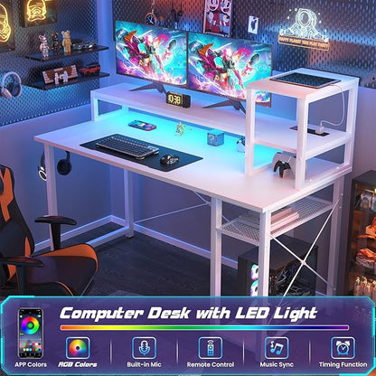 Gaming Desk with Lights & Power Outlets, 47.2'' Computer Desk with Storage Shelves, Small Desk for Small Space, Desk with Monitor Stand, Black - LeafyLoom