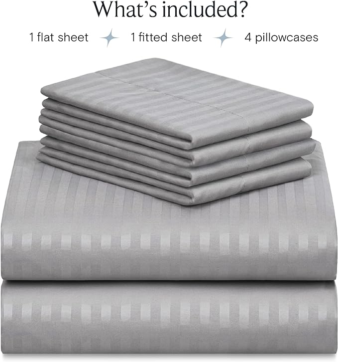 LuxClub 6 PC King Size Sheet Set Bed Sheets, Breathable Luxury Bed Sheets, Deep Pockets 18" Wrinkle Free Cooling Bed Sheets Machine Washable Hotel Bedding (King, Striped Light Grey) - LeafyLoom