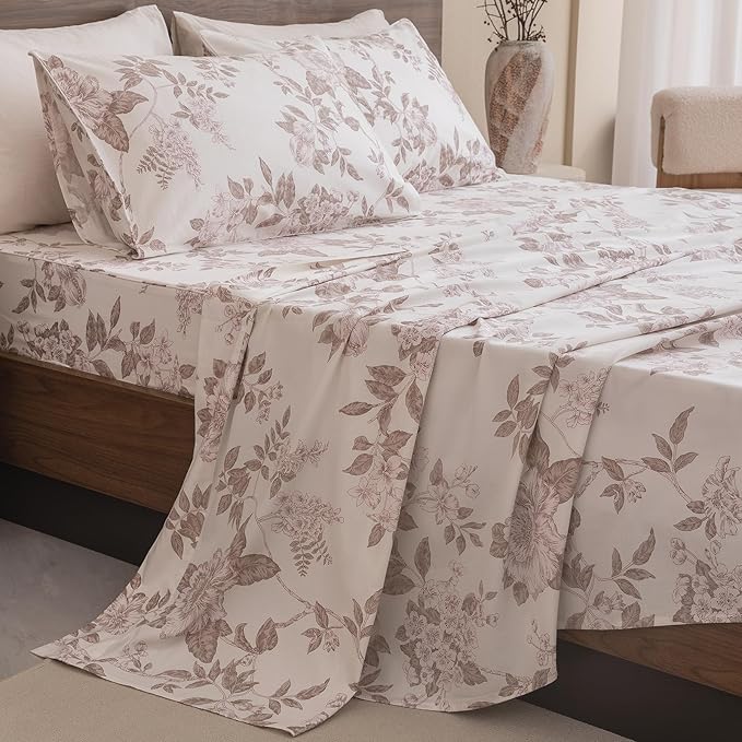 QSH Floral Egyptian Cotton Sheets King Size - Flower Bedding Sheets Botanical Pattern Printed Bedding King Size Bed Sheets 17.5" Extra Deep Pocket 4pcs - LeafyLoom