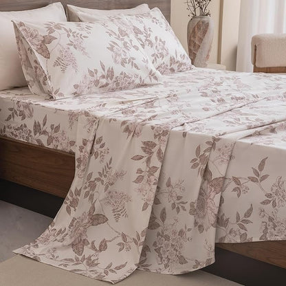 QSH Floral Egyptian Cotton Sheets Queen Size - Elegant Botanical Flower Pattern Printed Bedding Sheets Queen Size Bed Extra Soft and Breathable 4pcs Deep Pockets Bed Sheets - LeafyLoom