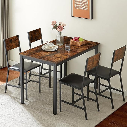 4 Chairs Dining Table Set for 4-8, Modern Space Saving Kitchen Desk, Wooden Industrial Style Farmhouse, 47", Leather Black Brown - LeafyLoom