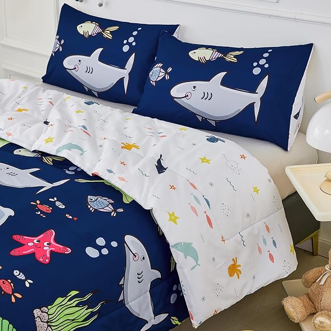 RYNGHIPY Kids Bedding Set for Full Bed Reversible Ocean Animals Print Comforter Set for Boys Girls Easy-Wash Super Soft Microfiber Bed Set (Navy Ocean,Full) - LeafyLoom