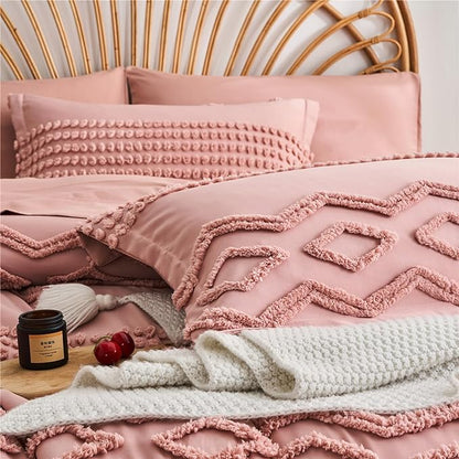 Blush Pink Tufted Comforter Set Queen Size 7 Piece Bed in a Bag, Shabby Chic Boho Comforter and Sheet Set, Pom Pom Textured Bed Set, All Season Soft Microfiber Complete Bedding Set(Pink,Queen) - LeafyLoom