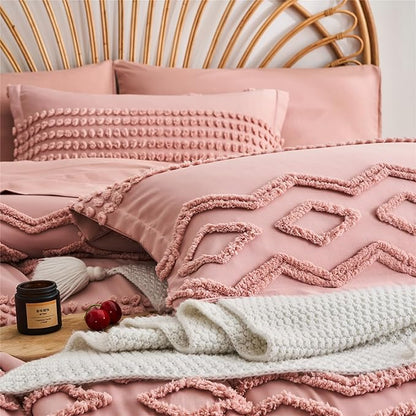 KAKIJUMN Blush Pink Tufted Comforter Set Full Size 7 Piece Bed in a Bag, Shabby Chic Boho Comforter and Sheet Set, All Season Soft Microfiber Complete Bedding Set(Pink,Full) - LeafyLoom