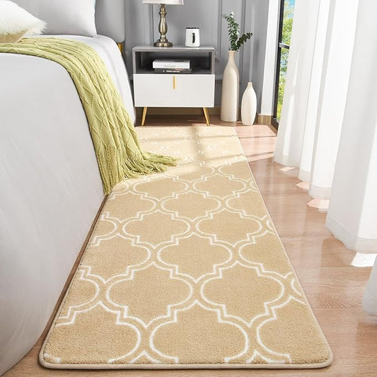 Chicrug Shag Geometric 2x6 Runner Rug for Bedroom, Modern Memory Foam Indoor Hallway Runner Carpet, Fluffy Rug for Living Room Bedside Room Decor for Family, Beige/White - LeafyLoom