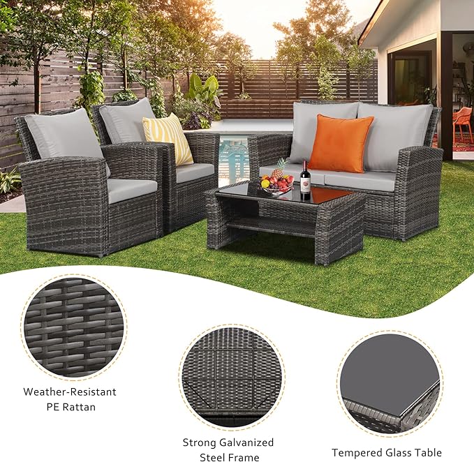 Solaste 4 Piece Patio Outdoor Furniture Sets,Patio Conversation Sofa Wicker Chair with Cushion,Hand Woven Rattan Sofa for Porch Backyard Outside Garden Lawn Yard,Grey - LeafyLoom