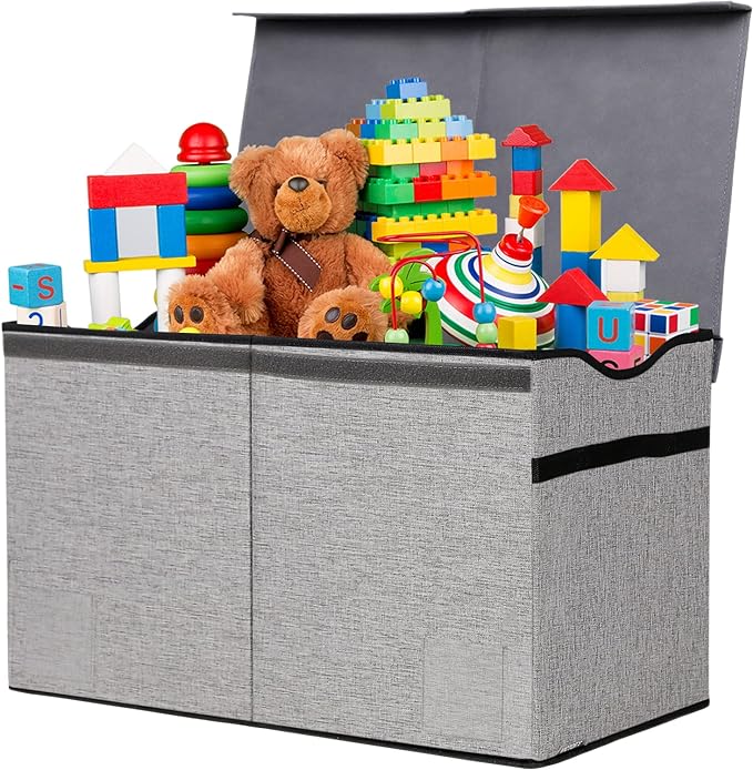 Toy Box Chest, Collapsible Sturdy Storage Bins with Lids, Extra Large Kids Toy Storage Organizer Boxes Bins Baskets for Kids, Boys, Girls, Nursery Room, Playroom, Closet (Fine Linen Gray) - LeafyLoom