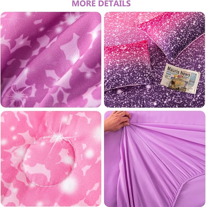 PERFEMET Purple Glitter Comforter Set Twin Size 6 Pieces Bed in A Bag for Teen Girls 3D Colorful Rainbow Bedding Comforter Sheet Set Ultra Soft Galaxy Quilted Duvet - LeafyLoom