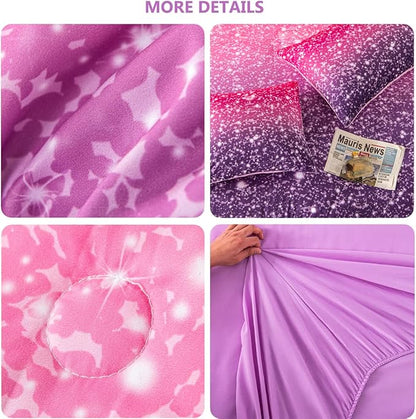 PERFEMET Purple Glitter Comforter Set Twin Size 6 Pieces Bed in A Bag for Teen Girls 3D Colorful Rainbow Bedding Comforter Sheet Set Ultra Soft Galaxy Quilted Duvet - LeafyLoom