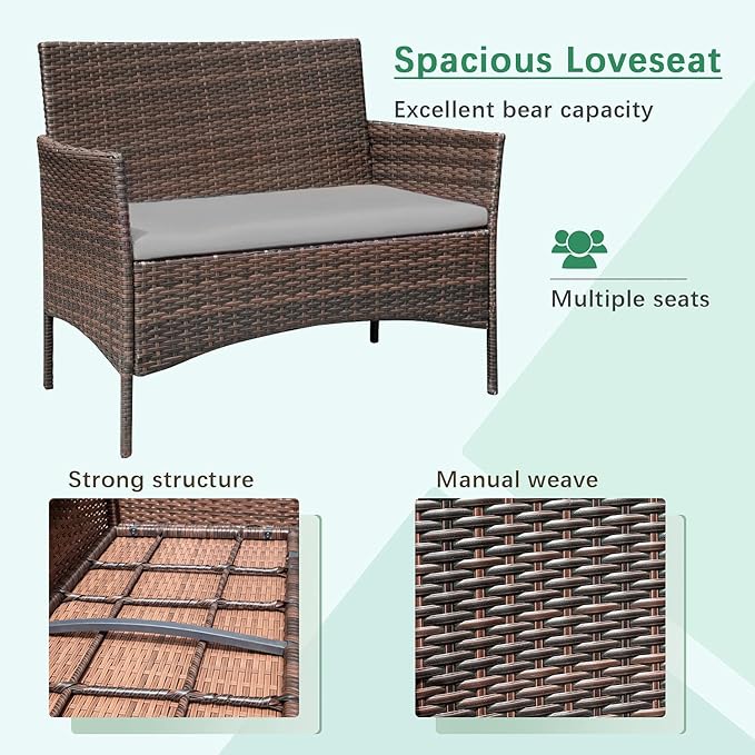 Greesum Patio Furniture 4 Pieces Conversation Sets Outdoor Wicker Rattan Chairs Garden Backyard Balcony Porch Poolside loveseat with Soft Cushion and Glass Table, Brown and Gray - LeafyLoom