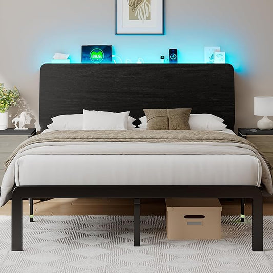 Feonase Queen Size Bed Frame with Ergonomic Storage Headboard & Charging Station, LED Platform Bed Frame, Heavy Duty Metal Slats, No Box Spring Needed, Easy Assembly, Black - LeafyLoom