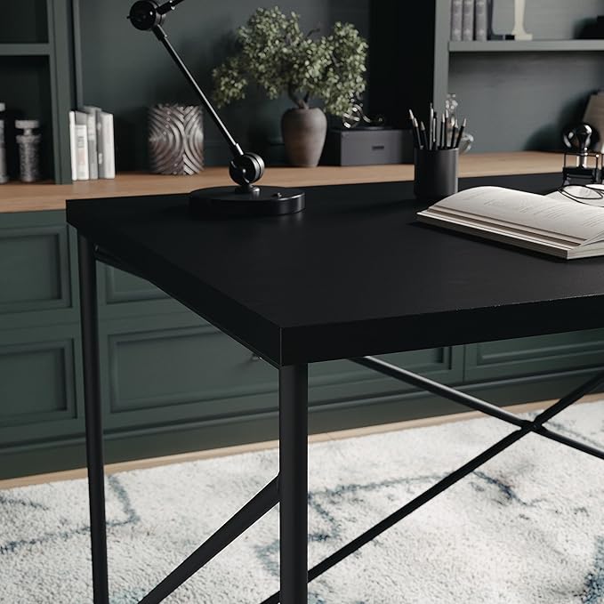 Martha Stewart Maddox Home Office Parsons Desk in Black Wood Grain with Oil Rubbed Bronze Metal X-Frame - LeafyLoom