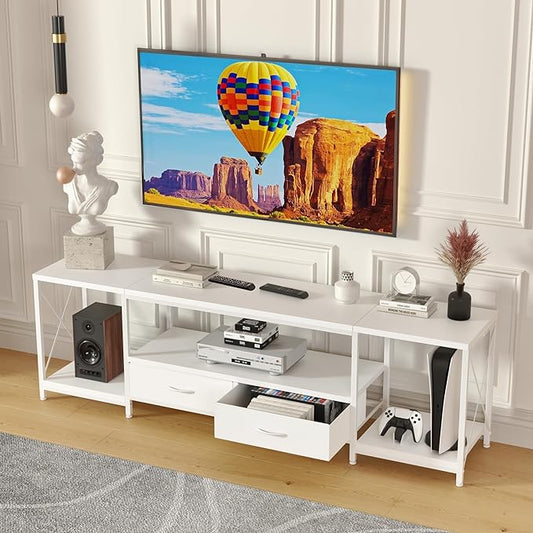 TV Stand with Fabric Drawers for 55 60 65 Inches TV - Entertainment Center and Industrial TV Console Table with Open Storage Shelves for Living Room, Bedroom - 55.1" White - LeafyLoom