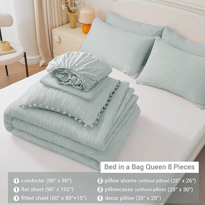 8 Piece Woven Texture Sage Green Comforter Set Queen, Bed in A Bag Bedding Sets Queen with Comforter and Sheets, Soft Lightweight Comforter Set with Deocor Throw Pillow, Green - LeafyLoom