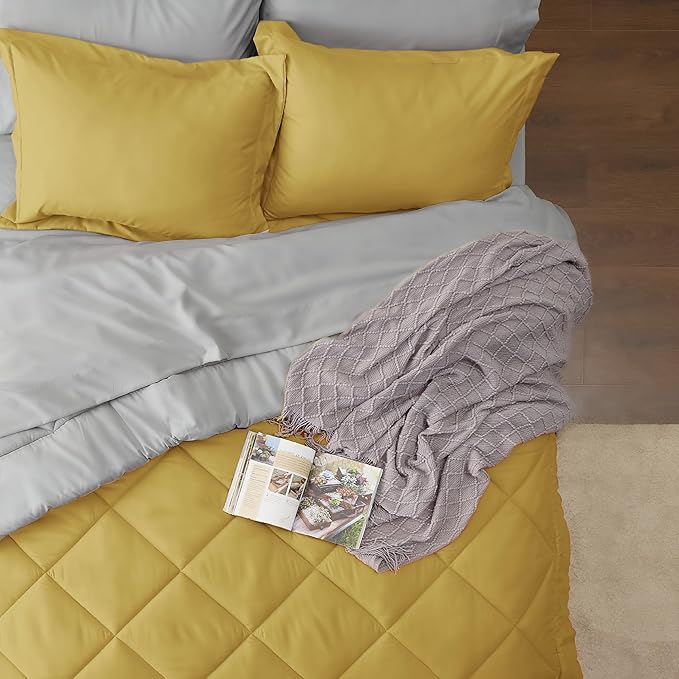 Bedsure Mustard Yellow Full Size Comforter Set - 7 Pieces Reversible Full Bed in a Bag, Full Bed Set Mustard Yellow and Grey with Comforters, Sheets, Pillowcases & Shams - LeafyLoom