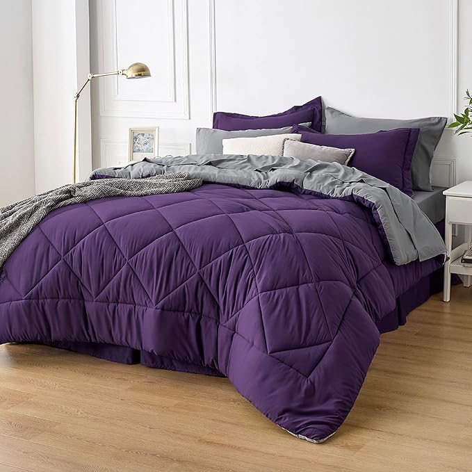 Bedsure Purple California King Comforter Set - 7 Pieces Reversible Bed Set Bed in a Bag California King with Comforters, Sheets, Pillowcases & Shams, California King Bedding Sets - LeafyLoom