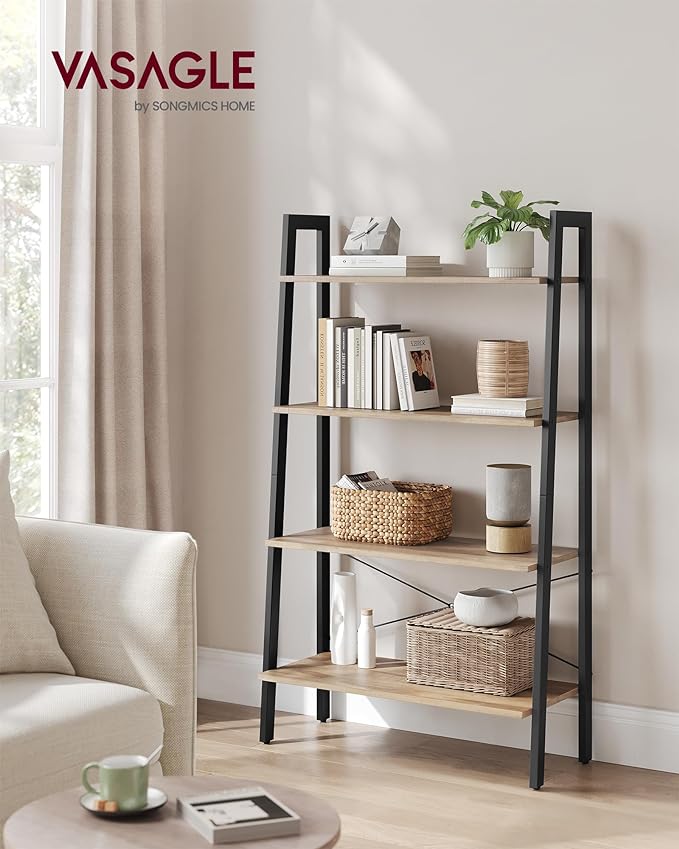 VASAGLE Ladder Shelf, 4-Tier Bookshelf, Storage Rack, Bookcase with Steel Frame, for Living Room, Home Office, Kitchen, Bedroom, Industrial Style, Camel Brown and Black ULLS144B50 - LeafyLoom