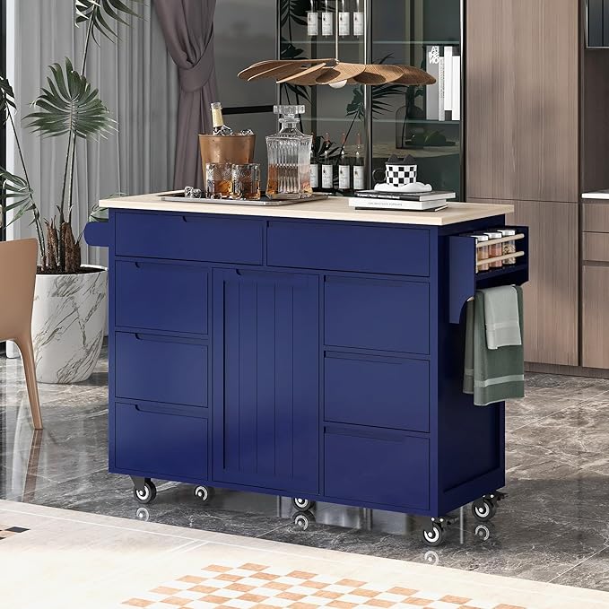 Kitchen Island with Storage, Rolling Table on Wheels w/Handle-Free Drawers Including a Flatware Organizer for Dinning Room, Rubber Wood Contertop - LeafyLoom