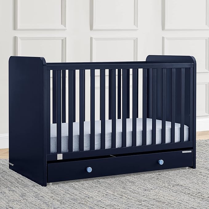 Delta Children babyGap Graham 4-in-1 Convertible Crib with Storage Drawer + Brannan Bear Bookcase with Bins + Brannan Bear Wall Shelf with 4 Hooks, Navy/Light Blue (Bundle) - LeafyLoom