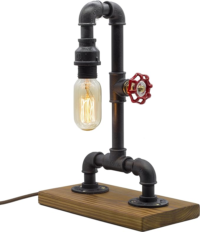 Loft Style Lamp with Dimmer, Dimmable Steampunk Industrial Vintage Antique Light, Wood Base with Iron Piping Desk Lamp, Y-Nut “Zhang Fei” Retro Desk Lamp LL-021 - LeafyLoom