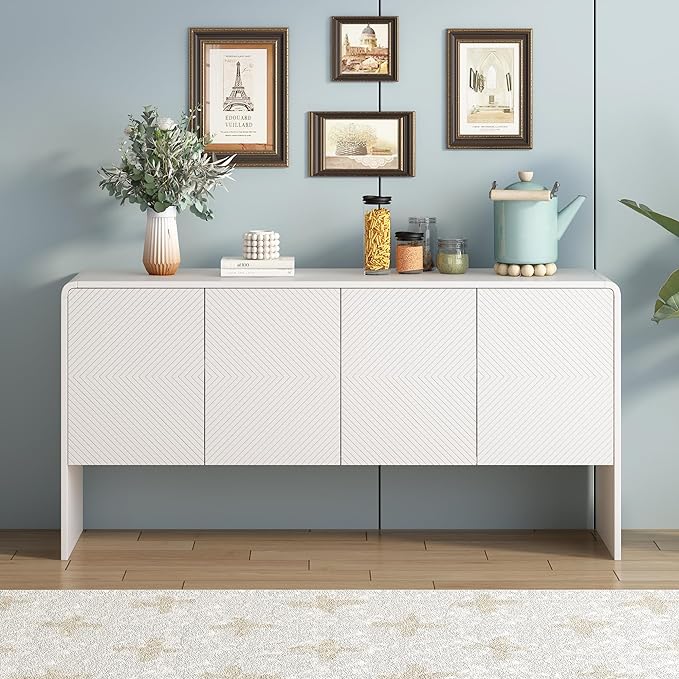 60" L Large Storage Space Sideboard with 4 Doors,Elegant Minimalist Style Buffet Cabinet,W/Adjustable Shelves and Rebound Device,Console Table for Living Room Entryway Kitchen,White - LeafyLoom