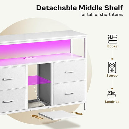 TV Stand Dresser with Power Outlets and LED Lights, 4 Drawers Entertainment Center with Open Shelf, Media Console for 50 43 Inch TV, Dresser with PU Finish, White - LeafyLoom