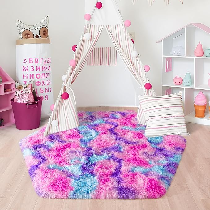 junovo Ultra Soft Hexagon Rug Fluffy Rainbow Nursery Rug for Princess Tent Kids Play Castle, Furry Hexagonal Carpet for Kids Girls Room Playhouse Classroom Dorm Home Decor, 4.6ft Tie-Dye Hot-Pink - LeafyLoom