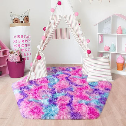 junovo Ultra Soft Hexagon Rug Fluffy Rainbow Nursery Rug for Princess Tent Kids Play Castle, Furry Hexagonal Carpet for Kids Girls Room Playhouse Classroom Dorm Home Decor, 4.6ft Tie-Dye Hot-Pink - LeafyLoom