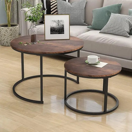 Industrial Round Coffee Table Set of 2 End Table for Living Room,Stacking Side Tables, Sturdy and Easy Assembly,Wood Look Accent Furniture with Metal Frame,Black+Rustic Brown - LeafyLoom