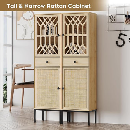 Brafab Set of 2 Tall Cabinet Narrow Storage Linen Cabinet Tall Sideboard Rattan Woven Door Fretwork Pattern Door 1 Drawer - LeafyLoom