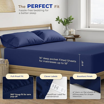 THREAD SPREAD 100% Egyptian Cotton Sheets California King Size - 600 Thread Count 4 PC Luxury Sheets Cal King Size, Soft, Cooling Hotel Luxury Sheets & Pillowcases, Fits Mattress upto 18" - Navy Blue - LeafyLoom