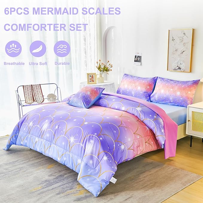 PERFEMET Purple Mermaid Twin Comforter Set for Girls, 6 Pieces Colorful Rainbow Twin Bedding Sets, Tie Dye Ombre Glitter Bed in A Bag Comforter Set with Sheets - LeafyLoom