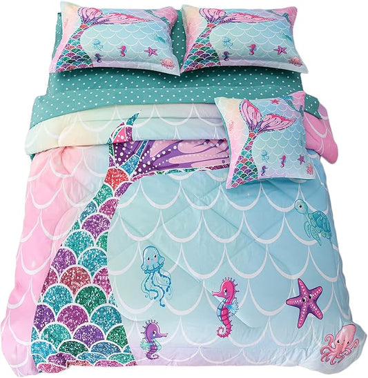 ADASMILE A & S 6 Pieces Mermaid Comforter Twin for Girls Kids Mermaid Bedding Fish Scale with Starfish Turtle Printed Bed in a Bag Comforter and Sheet Set Rainbow Mermaid Scale Bedding Home Decor - LeafyLoom