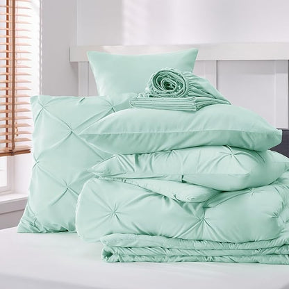 Bedsure California King Comforter Set Mint Green - Cal King Bed Set 7 Pieces, Pinch Pleat Cali King Bedding Set with Comforter, Sheets, Pillowcases & Shams - LeafyLoom