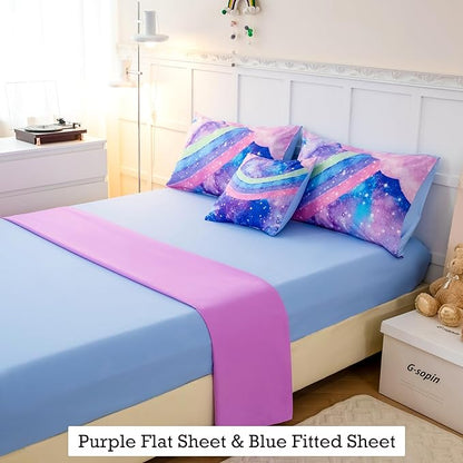 Tie Dye Blue Teens Comforter Set Queen for Girls, 3D Rainbow Gradient Glitter Bed in A Bag, 6 Pieces Twinkle Nebula Comforter Kids Bedding Set for All Season - LeafyLoom