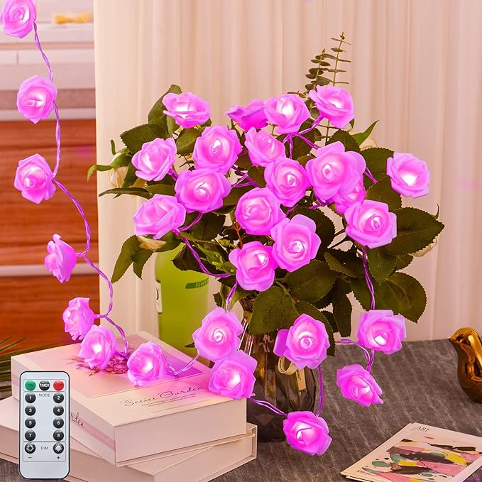 30 LED Pink Lights Valentines Day Decorations, Valentines Day Gifts 10.3Ft 8 Modes Rose Lights String Battery Operated with Remote Flower Lights for Bedroom Wedding Party Mothers Day Christmas Decor - LeafyLoom