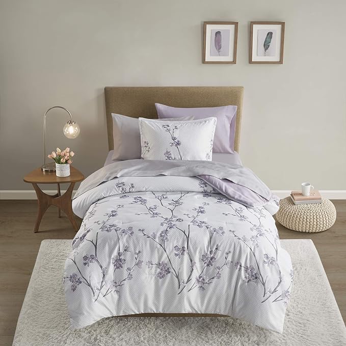 Comfort Spaces Bed in A Bag - Trendy Casual Design Cozy Comforter with Complete Sheet Set with Side Pocket, All Season Cover, Matching Shams Twin XL(66 in x 90 in), Kate, Grey/Purple 6 Piece - LeafyLoom