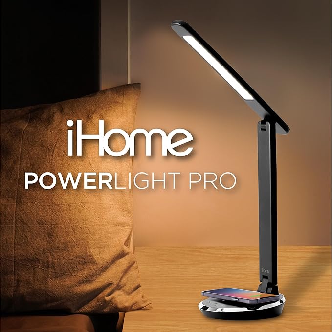 iHome Desk Lamp with Charging Station, Reading Light with Wireless Charging and USB Charging – Black (ILW200B) - LeafyLoom