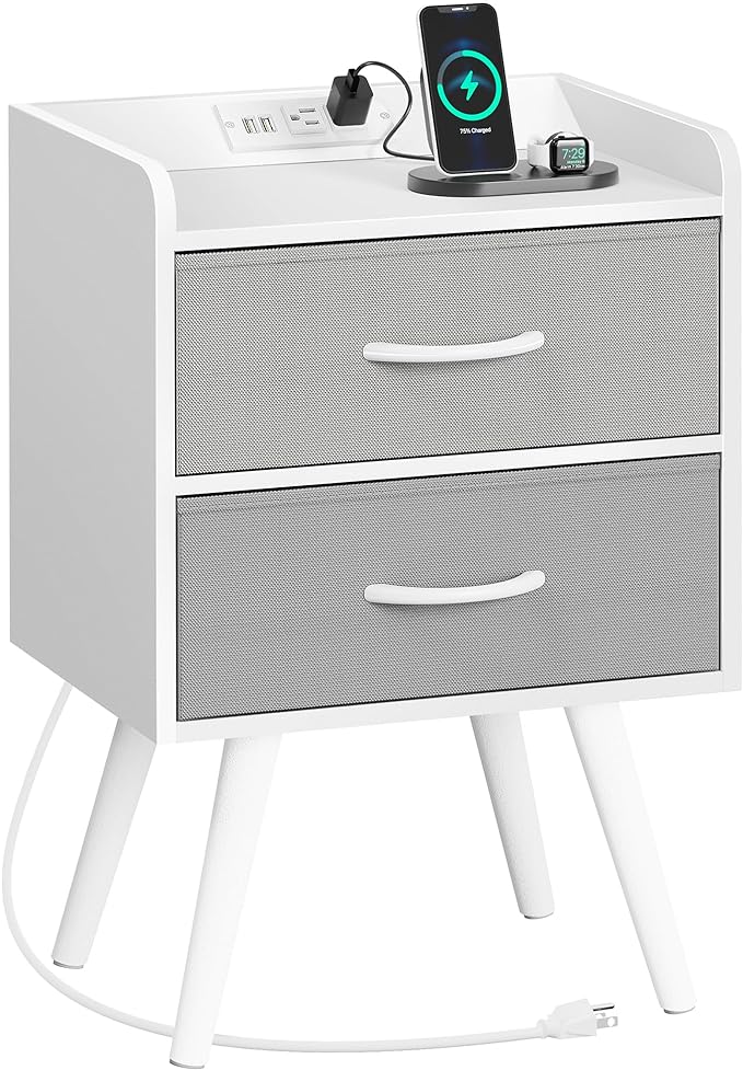 Night Stand with Charger Station, Nightstand with Drawers, Bedside Table, End Table with Solid Wood Feet, White Nightstand, Side Tables for Bedroom - LeafyLoom