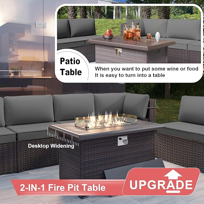 Patio Furniture Sectional Sofa Set 10-Pieces PE Rattan Patio Conversation Set w/43in Gas Fire Pit Table, Outdoor Furniture with 55000 BTU Propane Fire Pit, Grey - LeafyLoom