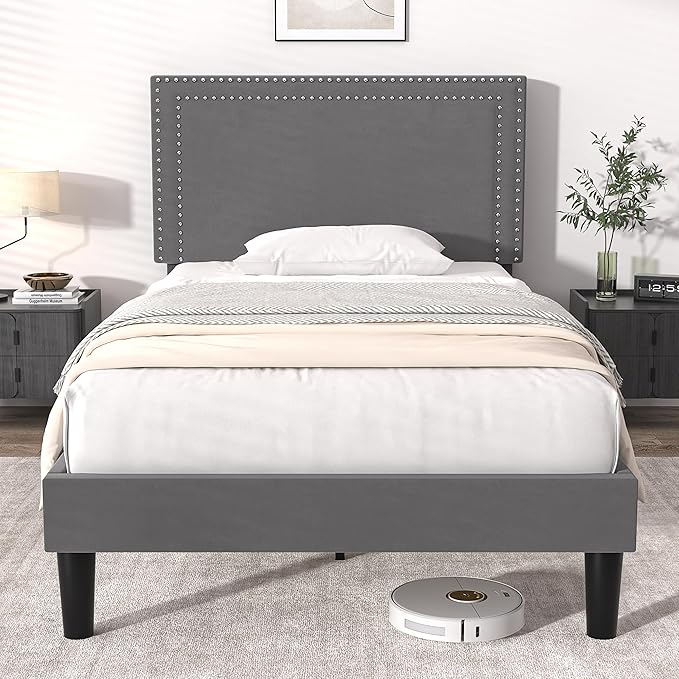 VECELO Twin Size Platform Bed Frame with Height Adjustable Upholstered Headboard, Modern Mattress Foundation,Strong Wood Slat Support, No Box Spring Needed, Easy Assembly - LeafyLoom