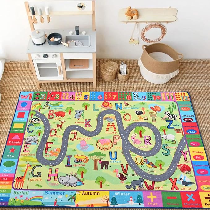 Terrug Kids Rugs for Playroom, Educational Classroom Rug for Kids Room, Washable Nursery Rug Carpet Non Slip Playroom Rug Play Mat for Learning ABC Rug, Numbers, Animal, Colors, Season, 4X6 Feet - LeafyLoom